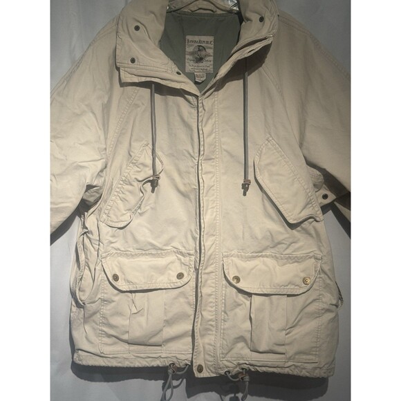 90s VTG BANANA REPUBLIC SAFARI Khaki Jacket Leather Trim Men's LG 100% Cotton - Picture 2 of 15